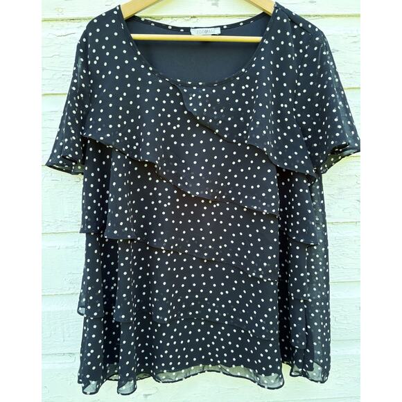 Ros & Ali Top Blouse 1X Plus Black Chiffon Polka Dot Flutter Sleeve Ruffle Front - Picture 1 of 3